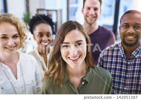 Happy woman, portrait and office with creative team in business startup, growth or diversity. Female person, employee or positivity with smile in multicultural group, unity or about us at workplace Happy woman, portrait and office with creative team in business startup, growth or diversity. Female person, employee or positivity with smile in multicultural group, unity or about us at workplace 142051387