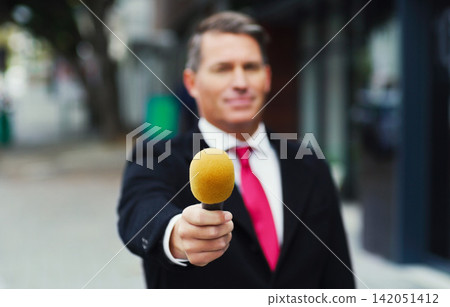 Professional, reporter or man with microphone outdoor for reporting news, information or broadcast. Career, male person or media worker with mic for live streaming, interview or journalist with tech Professional, reporter or man with microphone outdoor for reporting news, information or broadcast. Career, male person or media worker with mic for live streaming, interview or journalist with tech 142051412