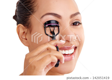 Woman, eyelash curler and laugh with cosmetics and eye makeup in a studio with care. Skincare, dermatology and lashes with white background and beauty product with tool and treatment with wellness Woman, eyelash curler and laugh with cosmetics and eye makeup in a studio with care. Skincare, dermatology and lashes with white background and beauty product with tool and treatment with wellness 142051419