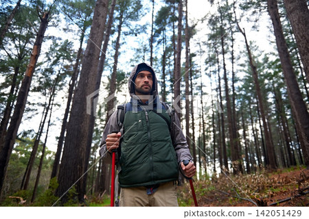 Hiking, backpack and man walking in forest for survival, shelter and rough terrain. Nature, winter and male person with trekking pole in tough environment, immigration and safe destination in Europe Hiking, backpack and man walking in forest for survival, shelter and rough terrain. Nature, winter and male person with trekking pole in tough environment, immigration and safe destination in Europe 142051429