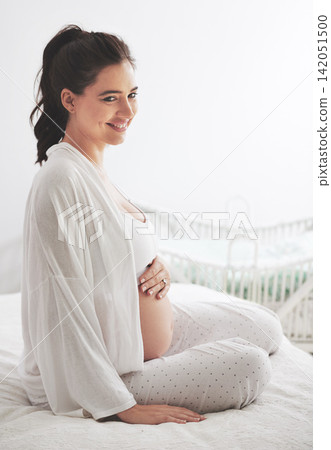 Pregnant, woman or smile in bed, maternity or dream of health, wellness or vision of peace in home. Pregnancy, mama or thinking of rest to imagine, future or motherhood as idea of maternal comfort 142051500