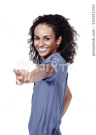 African woman, choice and pointing you to show winner, opportunity or success on white background. Portrait of casual person or model in selection, option or direction for sale or promotion in studio African woman, choice and pointing you to show winner, opportunity or success on white background. Portrait of casual person or model in selection, option or direction for sale or promotion in studio 142051502