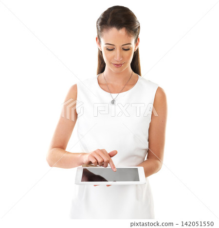 Tablet, search and woman in studio for social media, browsing and internet connection on white background. Online, app and smile while streaming, texting or reading for networking or research Tablet, search and woman in studio for social media, browsing and internet connection on white background. Online, app and smile while streaming, texting or reading for networking or research 142051550