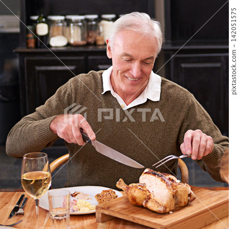 Old man, home and roast chicken with knife, dinner and eating with healthy meal, delicious and tasty. Pensioner, apartment and senior person with wine, food and meat with alcohol, cutting and hunger Old man, home and roast chicken with knife, dinner and eating with healthy meal, delicious and tasty. Pensioner, apartment and senior person with wine, food and meat with alcohol, cutting and hunger 142051575