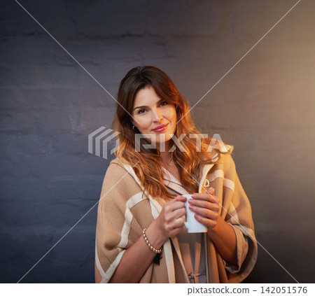Woman, matcha and holding mug on black brick wall for casual, winter and unwind inside for morning. Cup, happiness and coffee break for energy, peace and reduce stress in studio on dark backdrop. Woman, matcha and holding mug on black brick wall for casual, winter and unwind inside for morning. Cup, happiness and coffee break for energy, peace and reduce stress in studio on dark backdrop. 142051576