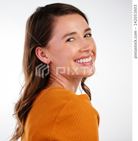 Beauty, portrait and happy woman in studio for makeup, glow and dermatology treatment results on white background. Smile, face or girl model with cosmetic, wellness and glowing, skincare or self care Beauty, portrait and happy woman in studio for makeup, glow and dermatology treatment results on white background. Smile, face or girl model with cosmetic, wellness and glowing, skincare or self care 142051603