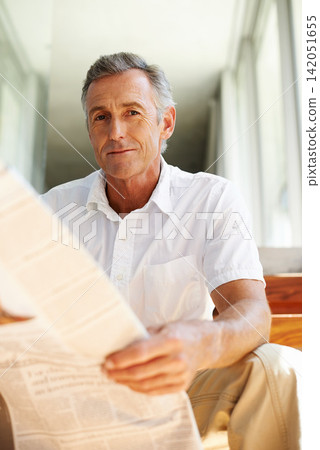 Mature, man and portrait with newspaper in home for morning reading with current events, politics or international. Male person, face and relax on steps in house or journalist report or stock market Mature, man and portrait with newspaper in home for morning reading with current events, politics or international. Male person, face and relax on steps in house or journalist report or stock market 142051655