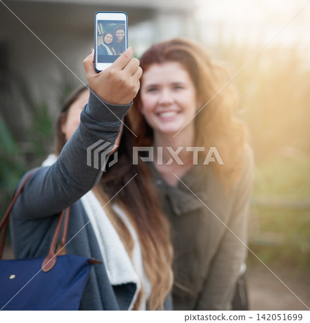 Phone, screen and women with smile in selfie for social media, online post and update on holiday. Happy, friends and picture with digital photography for travel blog, adventure and memory of vacation Phone, screen and women with smile in selfie for social media, online post and update on holiday. Happy, friends and picture with digital photography for travel blog, adventure and memory of vacation 142051699