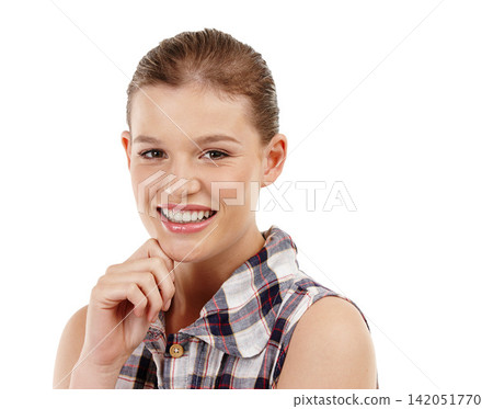 Portrait, student and girl with hand on chin in studio for education, learning or studying goals on white background. Happiness, face and gen z person for knowledge, scholarship or academic youth Portrait, student and girl with hand on chin in studio for education, learning or studying goals on white background. Happiness, face and gen z person for knowledge, scholarship or academic youth 142051770