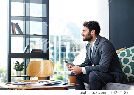 Smile, book and businessman reading on sofa in waiting area for corporate knowledge at office. Happy, career and professional male financial advisor enjoying finance literature on couch in workplace. Smile, book and businessman reading on sofa in waiting area for corporate knowledge at office. Happy, career and professional male financial advisor enjoying finance literature on couch in workplace. 142051851