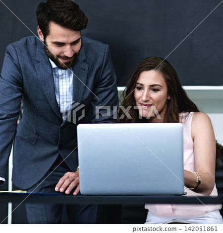 Business, people and smile in office with laptop for teamwork, collaboration and planning as accountant. Employee, partnership and satisfied with financial reviews, records and company revenue Business, people and smile in office with laptop for teamwork, collaboration and planning as accountant. Employee, partnership and satisfied with financial reviews, records and company revenue 142051861