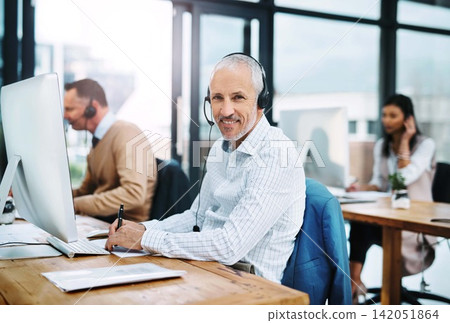 Mature man, portrait and call centre operator in coworking office, crm and consultant for support. Male person, headset and telemarketer for sale service, writing notes and information for assistance Mature man, portrait and call centre operator in coworking office, crm and consultant for support. Male person, headset and telemarketer for sale service, writing notes and information for assistance 142051864