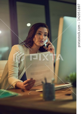 Business, night and phone call with woman, document and conversation with planning, check info and confirm date. Evening, sales rep or consultant with paperwork, cellphone or negotiation with review Business, night and phone call with woman, document and conversation with planning, check info and confirm date. Evening, sales rep or consultant with paperwork, cellphone or negotiation with review 142051897