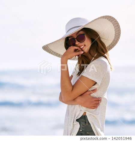 Sunglasses, smile and portrait of woman at beach for summer vacation, travel and adventure in Miami. Outdoor, happy and relax by ocean with hat for tourism, weekend trip and confidence on holiday Sunglasses, smile and portrait of woman at beach for summer vacation, travel and adventure in Miami. Outdoor, happy and relax by ocean with hat for tourism, weekend trip and confidence on holiday 142051946