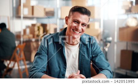 Man, smile and portrait in small business for distribution, ecommerce or supply chain service. Entrepreneur, supplier and happy in workshop for export, startup growth or stock inventory for logistics 142051995