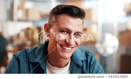 Man, smile and portrait in small business for supply chain, ecommerce or distribution service. Entrepreneur, supplier and happy in workshop for export, startup growth or stock inventory for logistics 142052002