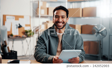 Tablet, man and portrait of logistics worker in office with research, inventory or online order. Happy, cargo service and supply chain manager with digital technology for delivery information. 142052003