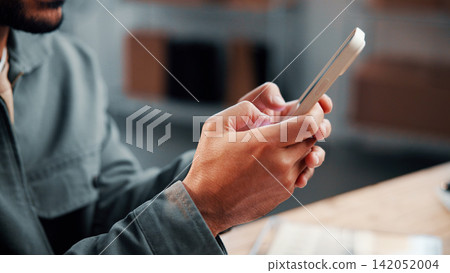 Hands, man and phone in small business for shipping, logistics or digital receipt for online order. Supply chain, person or mobile app in startup for route search, track package or delivery schedule Hands, man and phone in small business for shipping, logistics or digital receipt for online order. Supply chain, person or mobile app in startup for route search, track package or delivery schedule 142052004