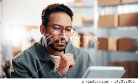 Glasses, man and logistics worker with tablet in office with research, inventory or online order. Thinking, cargo service and supply chain manager with digital technology for delivery information. Glasses, man and logistics worker with tablet in office with research, inventory or online order. Thinking, cargo service and supply chain manager with digital technology for delivery information. 142052008