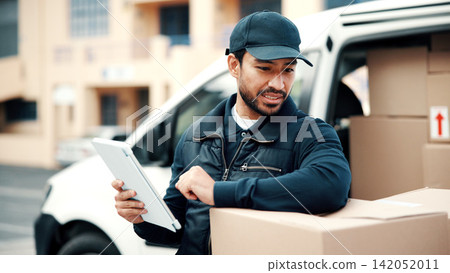 Tablet, thinking and delivery man by van for courier transport, shipping and distribution. Check, technology and cargo boxes by vehicle with online schedule, address app or checklist for package 142052011