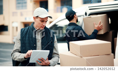 Tablet, check and delivery man by van for courier transport, shipping and distribution. Team, technology and cargo boxes by vehicle with online schedule, address app or checklist for package drop off Tablet, check and delivery man by van for courier transport, shipping and distribution. Team, technology and cargo boxes by vehicle with online schedule, address app or checklist for package drop off 142052012