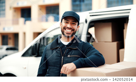 Logistics, portrait and man at van with boxes, dispatch profession and pride as delivery worker. Confidence, happy and courier outdoor with package, freight distribution and about us in supply chain. Logistics, portrait and man at van with boxes, dispatch profession and pride as delivery worker. Confidence, happy and courier outdoor with package, freight distribution and about us in supply chain. 142052014