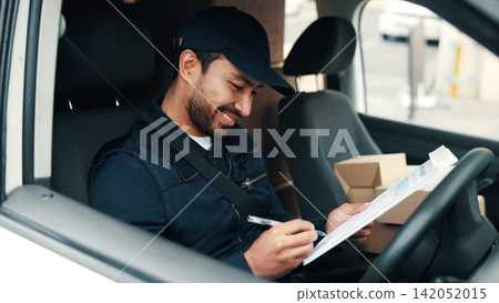 Clipboard, writing and delivery man in van for courier transport, shipping and distribution. Driver, happy person and cargo boxes in vehicle with schedule, notes or checklist for package drop off Clipboard, writing and delivery man in van for courier transport, shipping and distribution. Driver, happy person and cargo boxes in vehicle with schedule, notes or checklist for package drop off 142052015