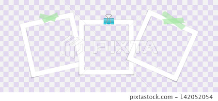 Photo frame collage template with five vintage pictures on white background. Paper album mockup featuring old photographs with tape and pins for scrapbook design. 142052054