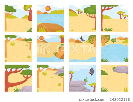 Cartoon savanna backgrounds set. Empty African nature landscapes collection with trees, plants, lake, bushes, mountains, eagles. Wild safari square scenes with cliffs, rocks, baobabs, hot sun, acacias Cartoon savanna backgrounds set. Empty African nature landscapes collection with trees, plants, lake, bushes, mountains, eagles. Wild safari square scenes with cliffs, rocks, baobabs, hot sun, acacias 142052128