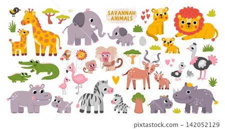 Big safari mother and baby animals and birds for kids. Vector African animal family set. Cartoon savanna pack with hippo, rhino, lion, elephant, zebra, giraffe, flamingo. Savannah wildlife Big safari mother and baby animals and birds for kids. Vector African animal family set. Cartoon savanna pack with hippo, rhino, lion, elephant, zebra, giraffe, flamingo. Savannah wildlife 142052129