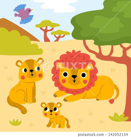 Square cartoon scene with lion, lioness, cub, acacia tree, mountain. African savanna background with cute cartoon animal pride. Safari nature story book landscape for kids. Savannah wildlife scenery Square cartoon scene with lion, lioness, cub, acacia tree, mountain. African savanna background with cute cartoon animal pride. Safari nature story book landscape for kids. Savannah wildlife scenery 142052134