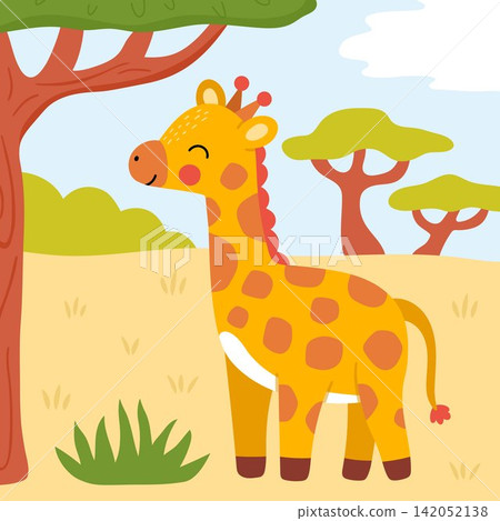 Square cartoon scene with giraffe, acacia tree. African savanna background with cute cartoon animal. Safari nature story book landscape for kids. Funny savannah wildlife scenery Square cartoon scene with giraffe, acacia tree. African savanna background with cute cartoon animal. Safari nature story book landscape for kids. Funny savannah wildlife scenery 142052138