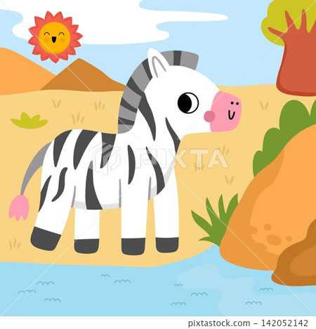 Square cartoon scene with zebra, baobab tree, water. African savanna background with cute cartoon animal. Safari nature story book landscape for kids. Funny savannah wildlife scenery Square cartoon scene with zebra, baobab tree, water. African savanna background with cute cartoon animal. Safari nature story book landscape for kids. Funny savannah wildlife scenery 142052142