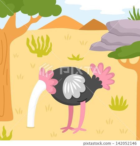 Square cartoon scene with ostrich hiding head in ground, acacia tree, mountains. African savanna background with animal. Safari nature landscape for kids. Savannah wildlife scenery with bird Square cartoon scene with ostrich hiding head in ground, acacia tree, mountains. African savanna background with animal. Safari nature landscape for kids. Savannah wildlife scenery with bird 142052146