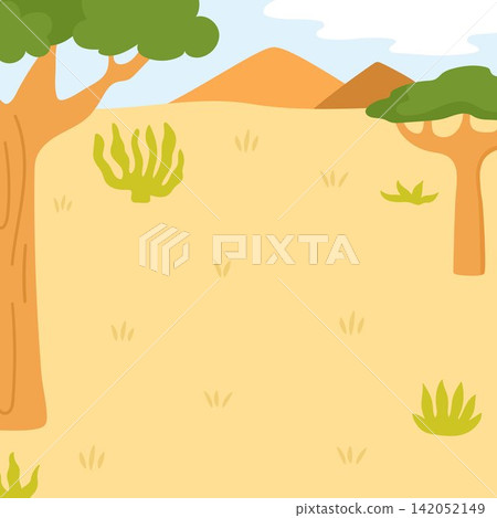 Cartoon African savanna background. Empty safari nature landscape with trees, plants, mountains, sun burnt grass. Wild savannah square scene for picture or story book creation Cartoon African savanna background. Empty safari nature landscape with trees, plants, mountains, sun burnt grass. Wild savannah square scene for picture or story book creation 142052149