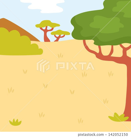 Cartoon African savanna background. Empty safari nature landscape with trees, plants, mountains, sun burnt grass. Wild savannah square scene for picture or story book creation Cartoon African savanna background. Empty safari nature landscape with trees, plants, mountains, sun burnt grass. Wild savannah square scene for picture or story book creation 142052150