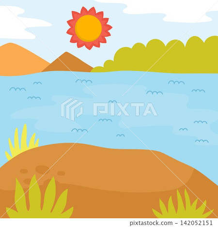 Cartoon African savanna background. Empty safari nature landscape with plants, water or river, mountains, sun. Wild savannah square scene for picture or story book creation Cartoon African savanna background. Empty safari nature landscape with plants, water or river, mountains, sun. Wild savannah square scene for picture or story book creation 142052151