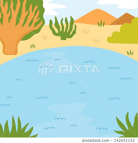 Cartoon African savanna background. Empty safari nature landscape with plants, water or river, mountains, sun, spurge. Wild savannah square scene for picture or story book creation Cartoon African savanna background. Empty safari nature landscape with plants, water or river, mountains, sun, spurge. Wild savannah square scene for picture or story book creation 142052152