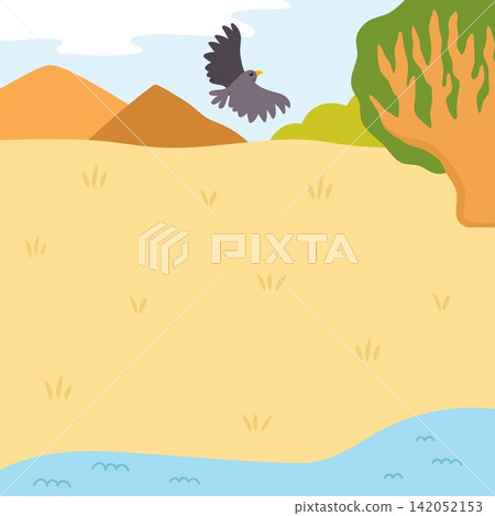 Cartoon African savanna background. Empty safari nature landscape with plants, water or river, mountains, flying eagle, spurge. Wild savannah square scene for picture book creation Cartoon African savanna background. Empty safari nature landscape with plants, water or river, mountains, flying eagle, spurge. Wild savannah square scene for picture book creation 142052153