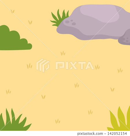 Cartoon African savanna background. Empty safari nature landscape with plants, stone, mountains, sun burnt grass. Wild savannah square scene for picture or story book creation Cartoon African savanna background. Empty safari nature landscape with plants, stone, mountains, sun burnt grass. Wild savannah square scene for picture or story book creation 142052154