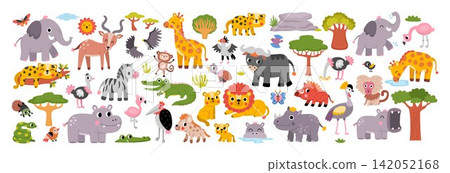 Big safari animals set for kids. Vector African birds, insects, trees, plants collection. Cartoon savanna pack with hippo, rhino. Cute lion, elephant, zebra, giraffe clipart. Savannah wildlife Big safari animals set for kids. Vector African birds, insects, trees, plants collection. Cartoon savanna pack with hippo, rhino. Cute lion, elephant, zebra, giraffe clipart. Savannah wildlife 142052168