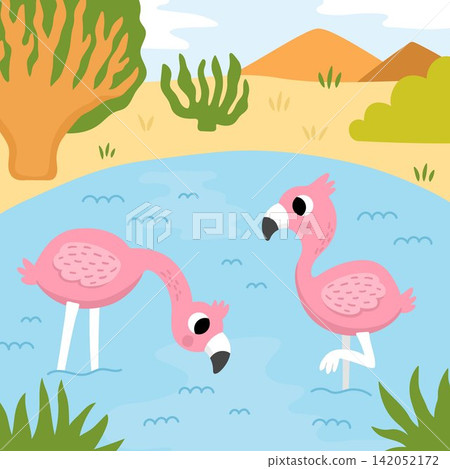 Square cartoon scene with flamingo in lake, acacia tree, mountains. African savanna background with cute cartoon animal. Safari nature landscape for kids. Savannah wildlife scenery with pink birds Square cartoon scene with flamingo in lake, acacia tree, mountains. African savanna background with cute cartoon animal. Safari nature landscape for kids. Savannah wildlife scenery with pink birds 142052172