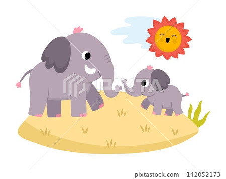 Vector African elephant with baby on grass under sun. Cute cartoon savanna family scene illustration for kids. Safari animals on natural background. Savannah mother and baby picture for children Vector African elephant with baby on grass under sun. Cute cartoon savanna family scene illustration for kids. Safari animals on natural background. Savannah mother and baby picture for children 142052173