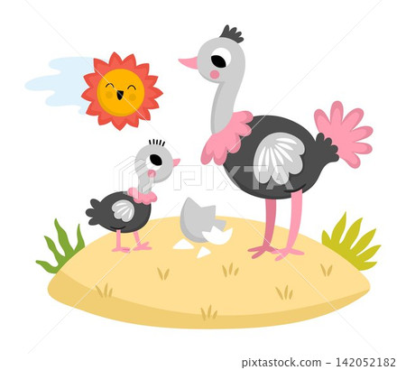Vector African ostrich with baby on grass under sun. Cute cartoon savanna bird family scene illustration for kids. Safari animals on natural background. Savannah mother and baby picture for children 142052182