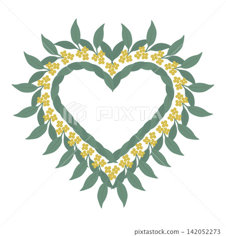 Heart Frame with Osmanthus Flowers and Leaves Mid-Autumn Festival Asian Holiday Template Copy space. Use for Mid-Autumn greetings Thematic cards, invitations, labels, price tag, poster or social media 142052273
