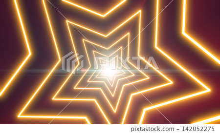 Abstract golden star-shaped neon tunnel glowing toward a bright center with layered geometric depth and warm light 142052275