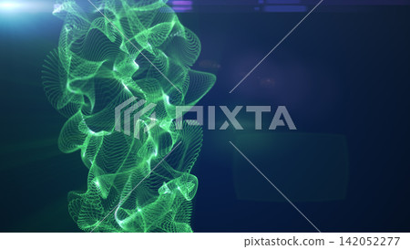 Abstract green particle mesh forming a complex flowing wave on a dark blue background, representing digital data, technology, networks, and futuristic visualization. Abstract green particle mesh forming a complex flowing wave on a dark blue background, representing digital data, technology, networks, and futuristic visualization. 142052277