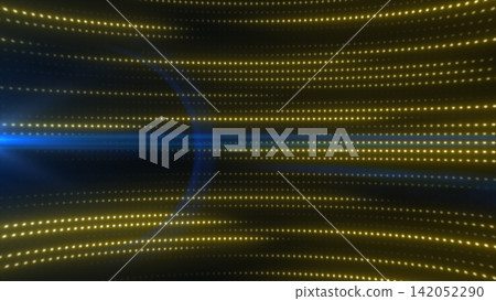 Golden yellow LED dot tunnel with blue horizontal flare, creating an abstract digital stage background with depth and futuristic glow. Golden yellow LED dot tunnel with blue horizontal flare, creating an abstract digital stage background with depth and futuristic glow. 142052290