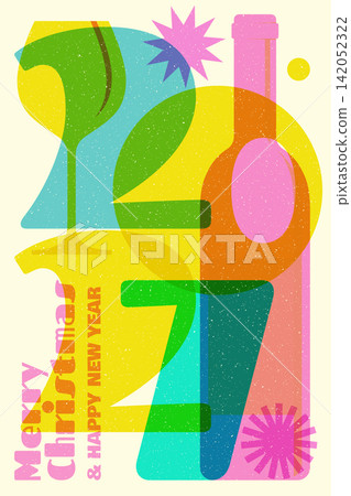 2027 Christmas New Year Celebration Poster, Colorful Risograph Style with Retro Numbers, Abstract Party Graphics, Decorative Stars and Festive Holiday Typography 2027 Christmas New Year Celebration Poster, Colorful Risograph Style with Retro Numbers, Abstract Party Graphics, Decorative Stars and Festive Holiday Typography 142052322