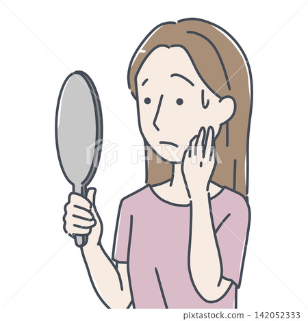 A woman is shocked when she looks in a hand mirror and sees skin problems and facial concerns. A woman is shocked when she looks in a hand mirror and sees skin problems and facial concerns. 142052333